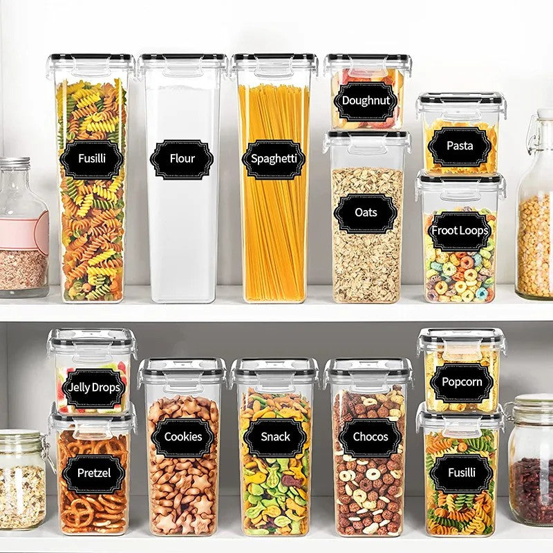 Cutii de depozitare alimente, Vivimall, Set din 16 Cutii pentru Condimente, Cereale, Cutii pentru Bucatarie, din Plastic PP, Cutii Alimentare, Diferite Dimensiuni, Transparente - vivimall.ro