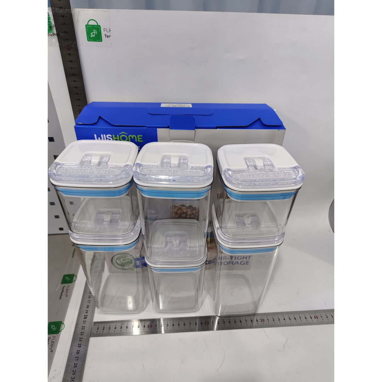 Cutii de Depozitare Alimente, Vivimall, Set din 6 Cutii de tip Container, 2x0.5 l, 2x0.8 l, 2x1.2 l, Recipiente pentru Cereale in Bucatarie, Transparente cu Capac Albastru-Alb - vivimall.ro