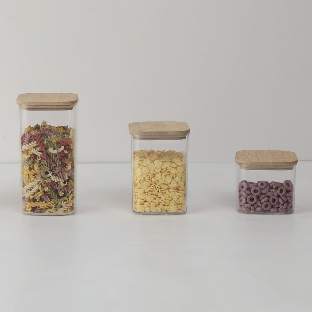 Cutii de Depozitare Alimente, Vivimall, Set din 6 Cutii de tip Container, Cutii pentru Cereale, din Plastic, Capac din Bambuc, 2pc 0.5 l. 2pc 0.8 l, 2pc 1.2 l, Transparente - vivimall.ro