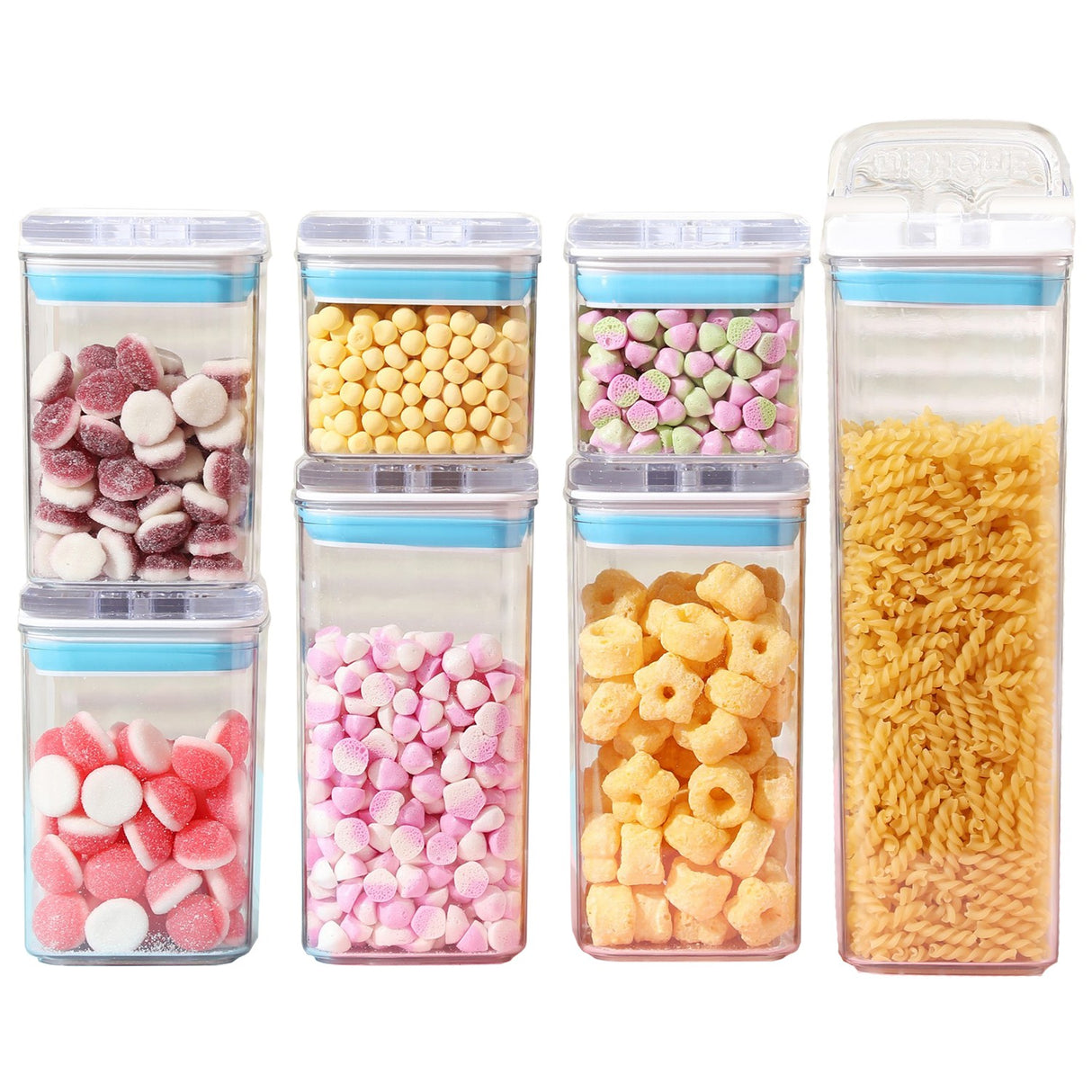 Cutii de Depozitare Alimente, Vivimall, Set din 7 Cutii de tip Container, 2x0.5 l, 2x0.8 l, 2x1.2 l, 1x1.9 l, Recipiente pentru Cereale in Bucatarie, Transparente cu Capac Albastru-Alb - vivimall.ro