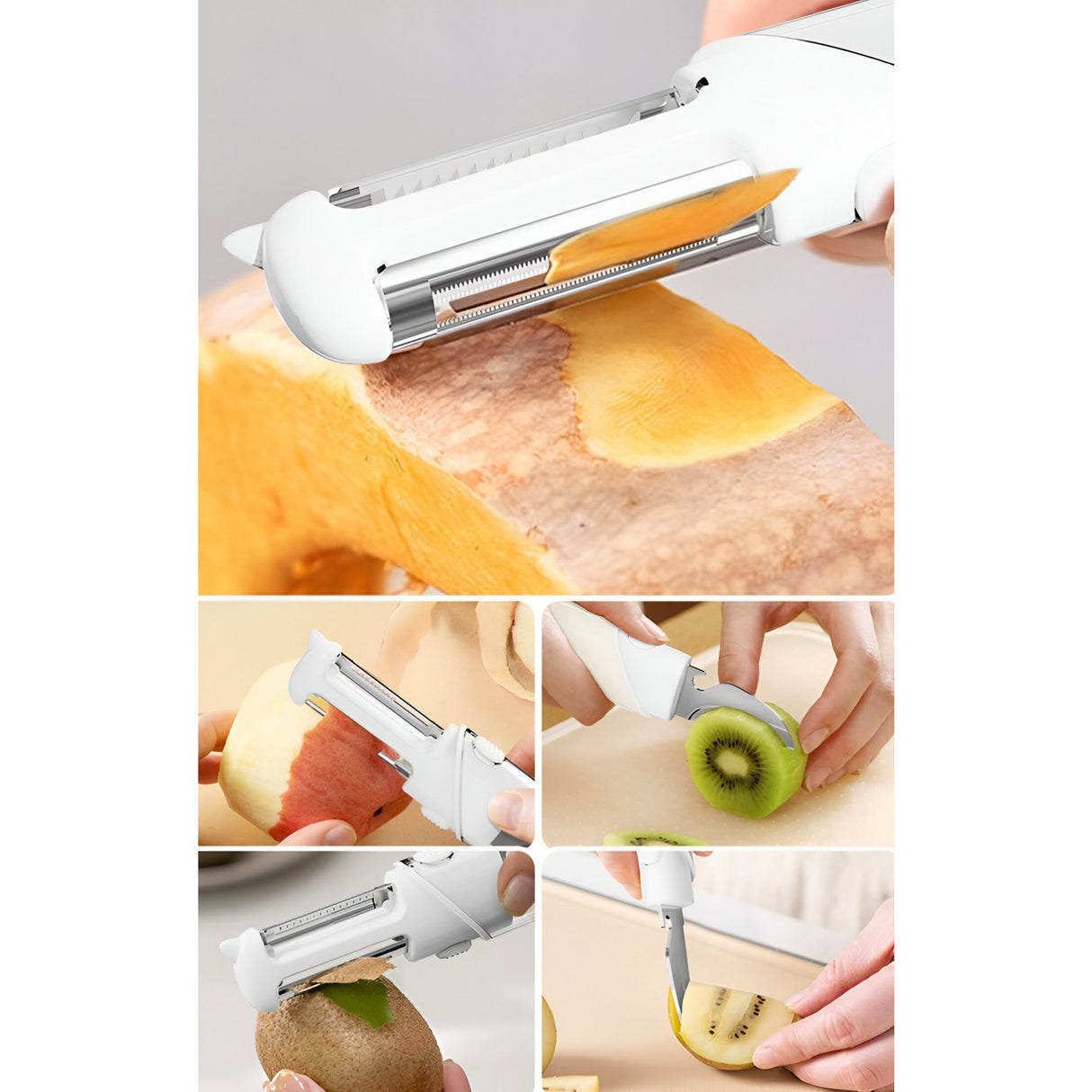 Cutit de Fructe Multifunctional, Vivimall, Razatoare, Curatator Fructe-Legume, Deschizator de Sticle, 18.1x3.8x2cm, Alb - vivimall.ro