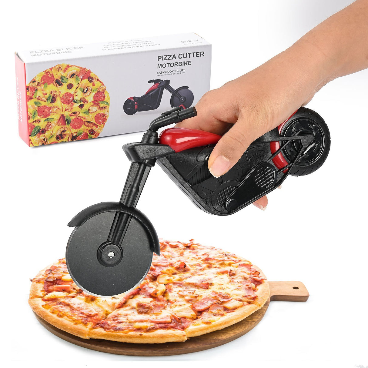 Cutit pizza creativ Vivimall, in forma de bicicleta, cu suport pentru cutit, 19 x 12.5 cm, otel/PP, negru - vivimall.ro