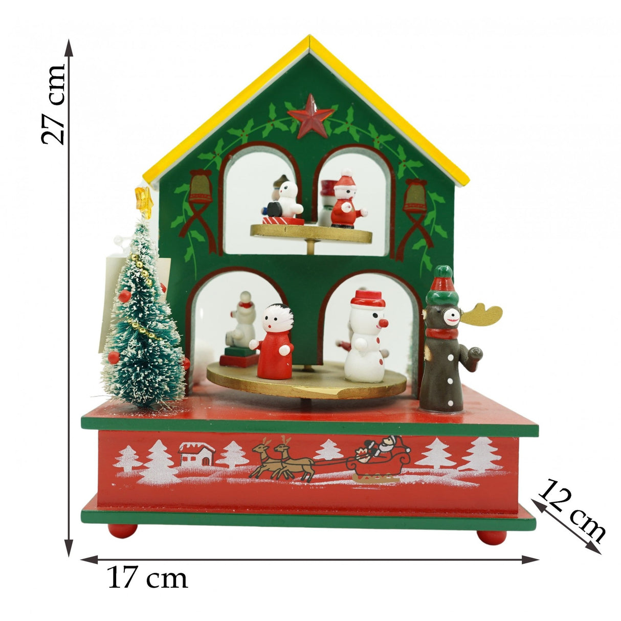 Cutiuta muzicala decorata, Casuta de Craciun, Multicolor, din Lemn, 17 cm x 20 cm, Interior, Vivimall - vivimall.ro