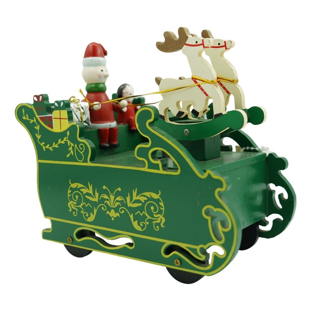 Cutiuta muzicala decorata, Sania lui Mos Craciun, Verde, din Lemn, 16 cm x 18.5 cm, Interior, Vivimall - vivimall.ro