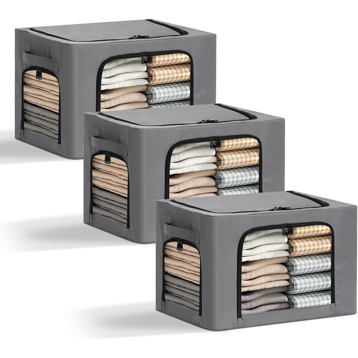 Cutie de Depozitare, Vivimall, cu 3 Ferestre cu Fermoar Bidirectional, Cadru din Otel, Impermeabil, 38L, 42 x 30 x 30 cm, Gri Inchis - vivimall.ro