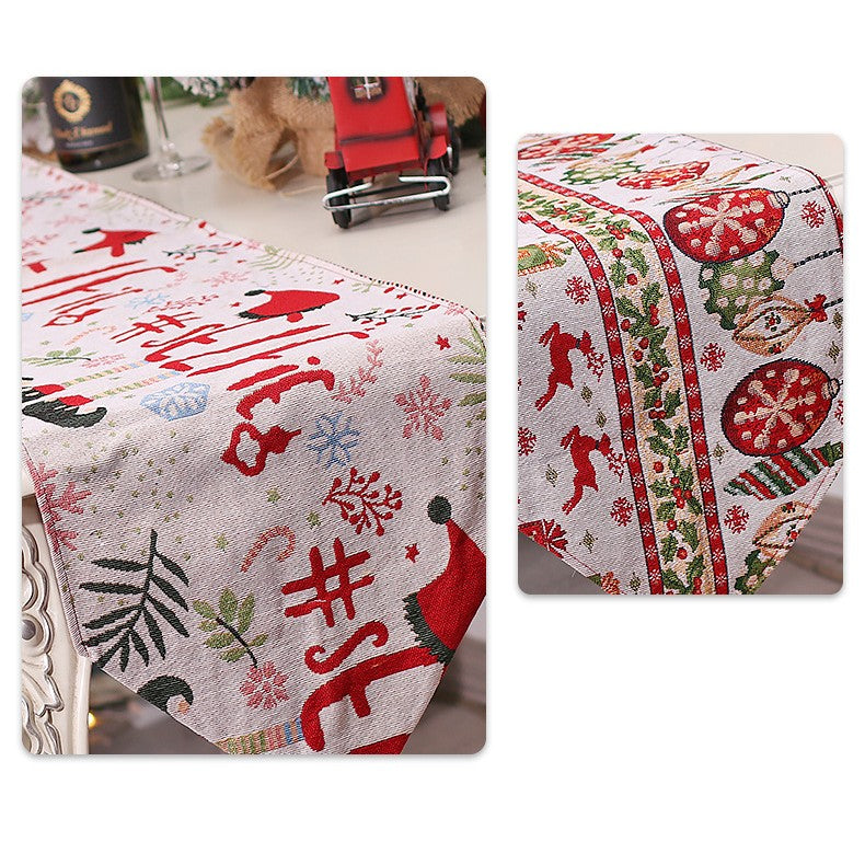 Traversa de Masa pentru Craciun, Vivimall, Napron, din Material Tricotat cu Tesatura Groasa, Model Globuri, Reni si Cadouri, cu Colt si Ciucure, 173x34x0.2 cm, Alb/ Rosu - vivimall.ro