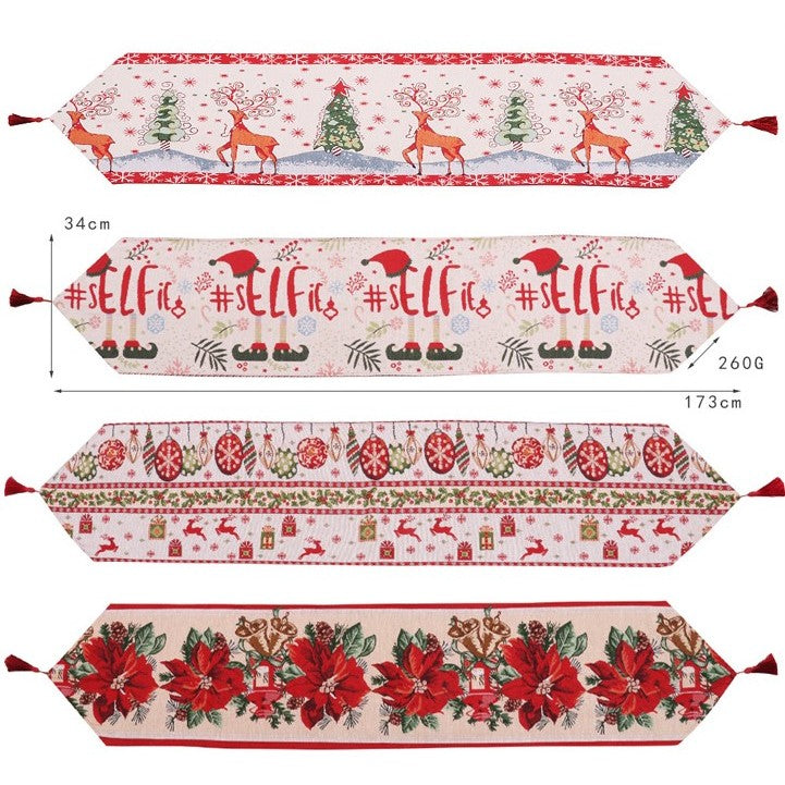 Traversa de Masa pentru Craciun, Vivimall, Napron, din Material Tricotat cu Tesatura Groasa, Model Flori Rosii, cu Colt si Ciucure, 173x34x0.2 cm, Alb/ Rosu - vivimall.ro