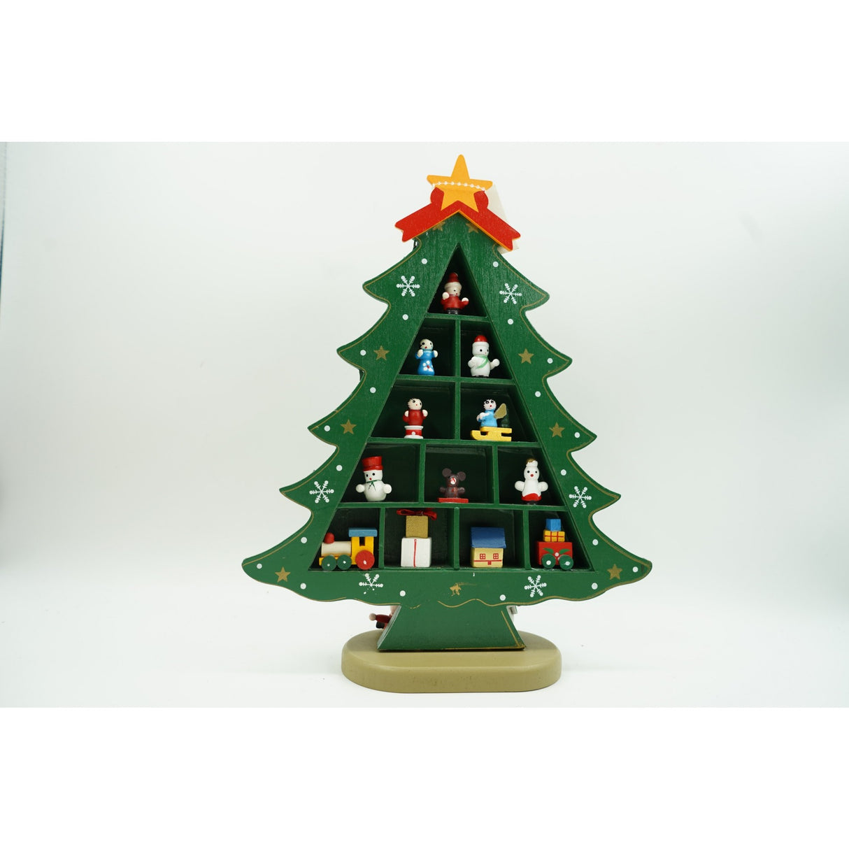 Decoratiune Craciun, Brad, Verde, 5 cavitati cu ornamente, 22 cm x 29 cm, Lemn, Vivimall - vivimall.ro