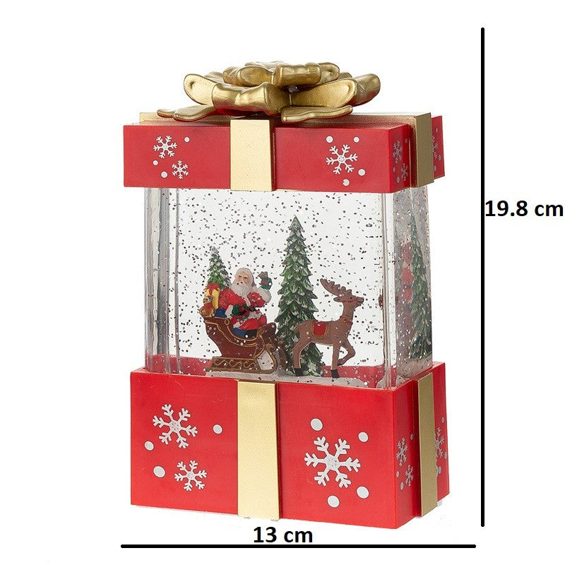 Decoratiune Craciun, Tip Cutie de Cadou, Figurine Mos Craciun cu Sania, 3 Moduri, Functie Muzicala, Zapada in Miscare, Functioneaza Cu Baterii ( 3 x AA neincluse), Cablu USB (Inclus), Model Cadou Rosu - Auriu, 13 x 9 x 19.8 cm, Alb Cald - vivimall.ro