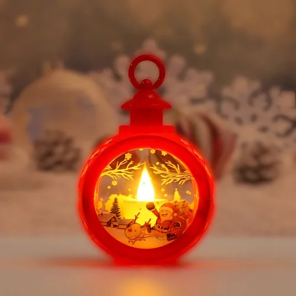 Decoratiune Craciun tip Felinare cu baterii, 13.5 x 9 cm,Lumanare cu geam si inscriptie Mos Craciun cu sanie,lumina alb cald,baterii incluse,Rosu - vivimall.ro