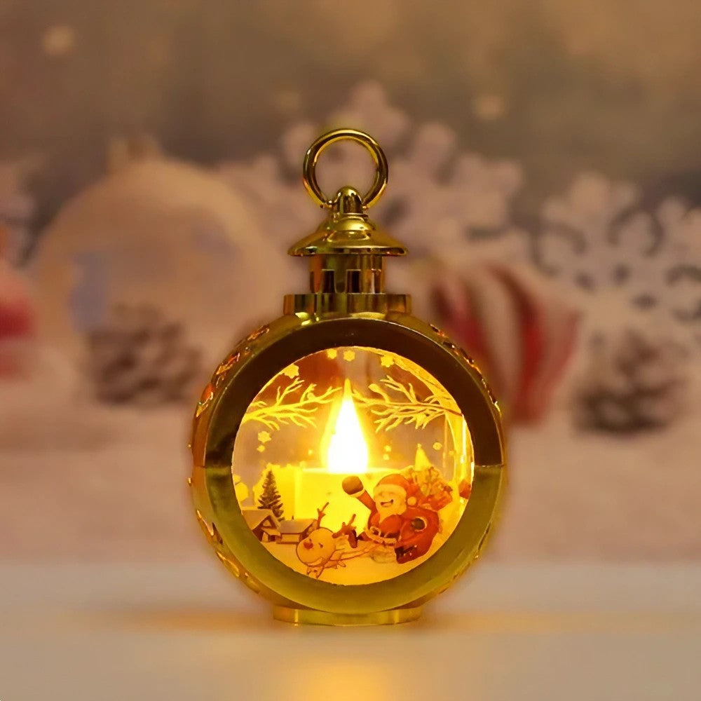 Decoratiune Craciun tip Felinare cu baterii, 13.5 x 9 cm,Lumanare cu geam si inscriptie Mos Craciun cu sanie,lumina alb cald,baterii incluse,Auriu - vivimall.ro