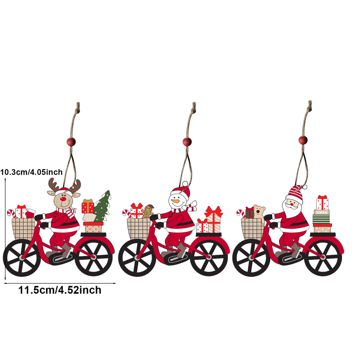 Decoratiune de Craciun din Lemn, Vivimall, cu Snur pentru Agatare in Brad, Model Mos Craciun pe Bicicleta, 10.3x11.5x0.5 cm, Multicolor - vivimall.ro