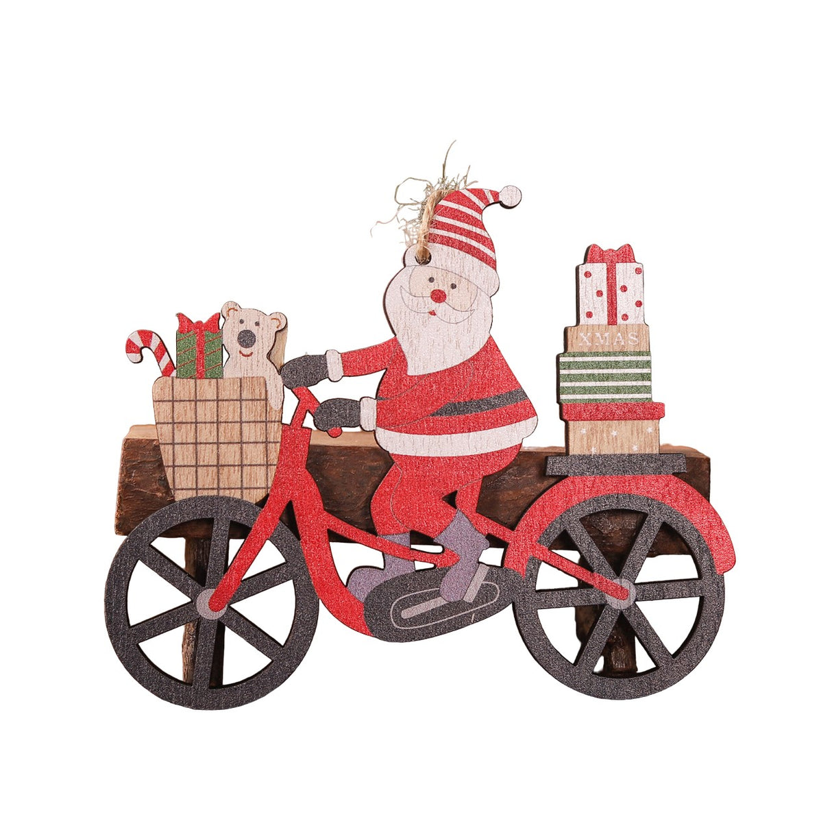 Decoratiune de Craciun din Lemn, Vivimall, cu Snur pentru Agatare in Brad, Model Mos Craciun pe Bicicleta, 10.3x11.5x0.5 cm, Multicolor - vivimall.ro