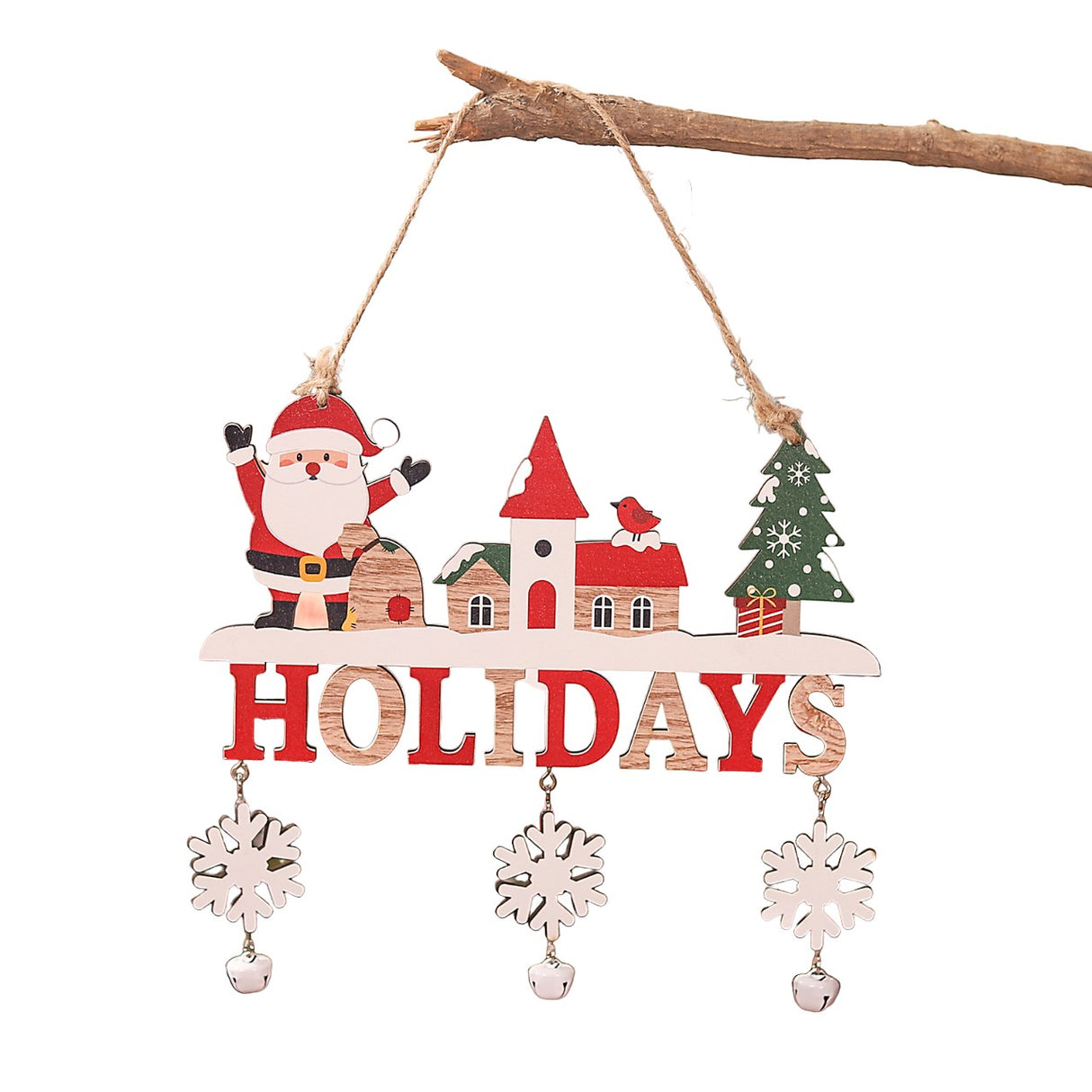 Decoratiune de Craciun din Lemn, Vivimall, cu Snur pentru Agatare in Brad, Model Mos Craciun, Scris Let It Snow, 21.9x19 cm, Multicolor - vivimall.ro