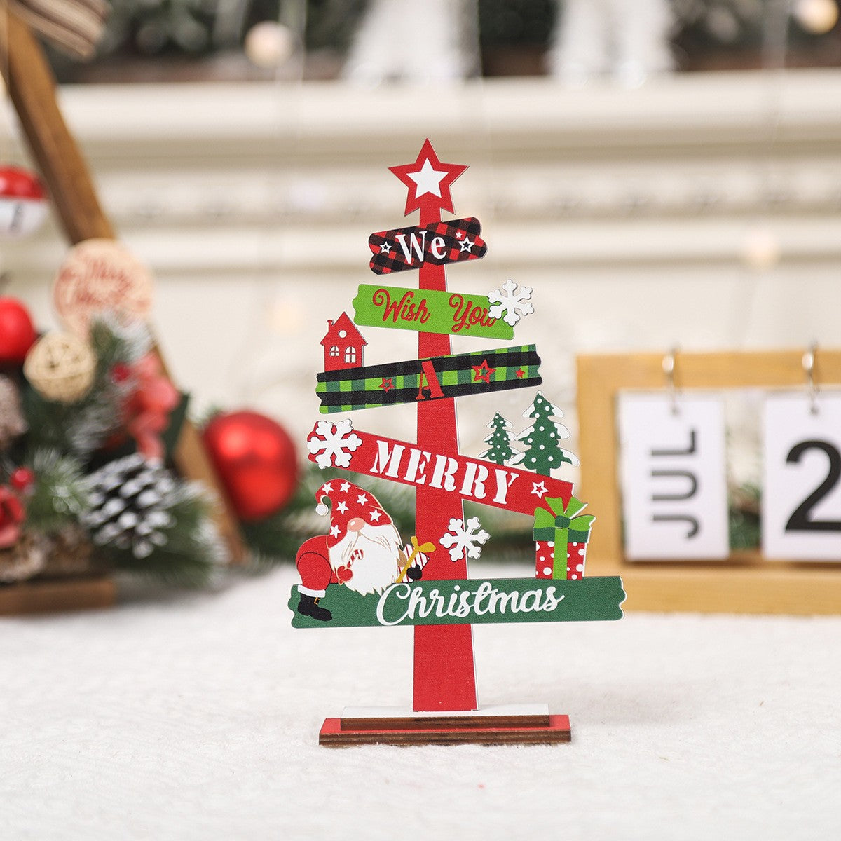 Decoratiune de Craciun din Lemn, Flippy, pentru Masa, Model Bradut, Scris We Wish You A Merry Christmas, 21.5x12.2x4 cm, Multicolor - vivimall.ro