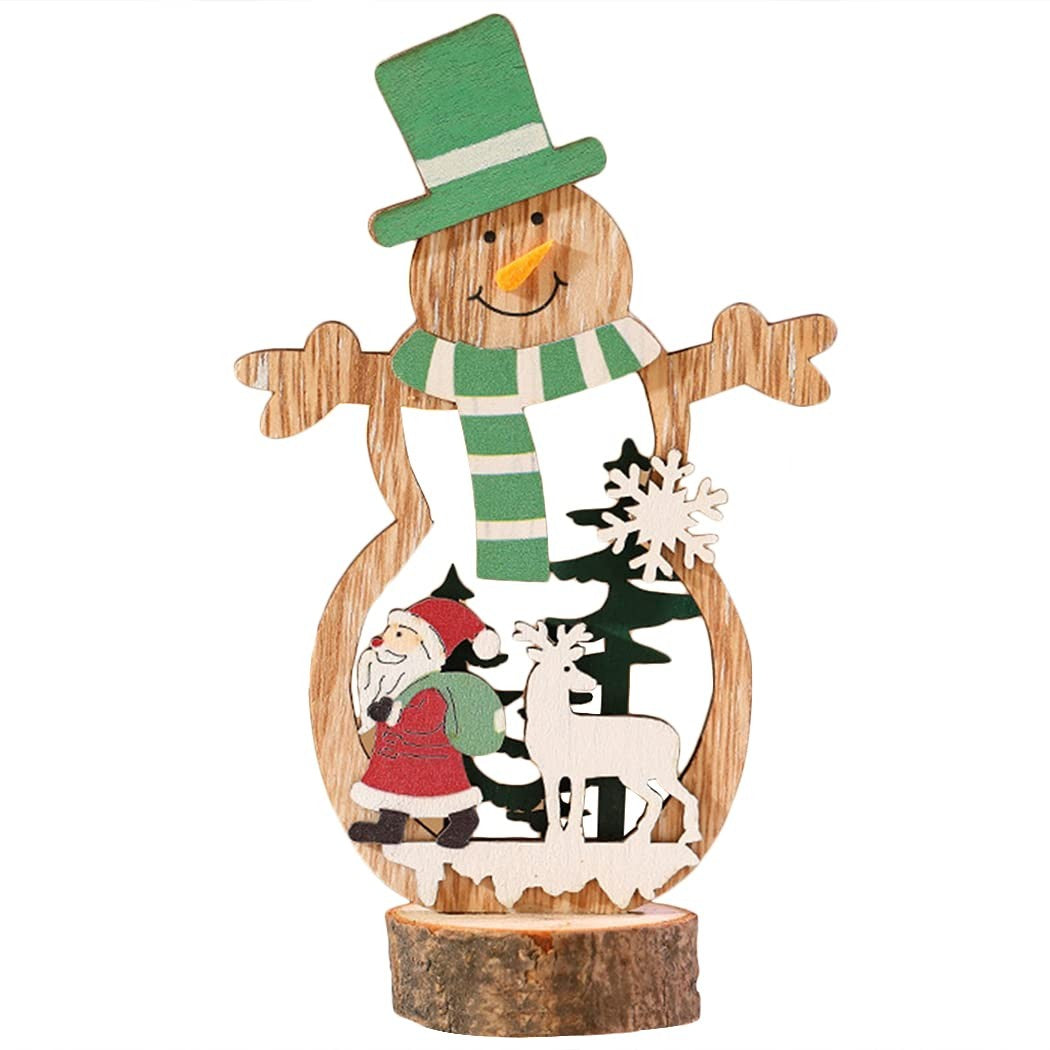 Decoratiune de Craciun, Flippy, din Lemn, 10.5 x 18 cm, Model Om de Zapada cu Caciula Verde, Multicolor - vivimall.ro