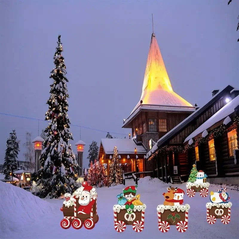 Decoratiune de Craciun, Vivimall, pentru Gradina, Tip Trenulet, 5 Figurine + Bete de Infipt in Pamant, din Plastic, Impermeabil, Model Mos Craciun cu Prietenii, Multicolor - vivimall.ro