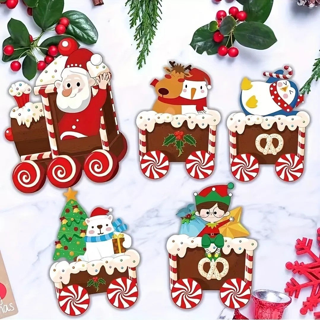 Decoratiune de Craciun, Vivimall, pentru Gradina, Tip Trenulet, 5 Figurine + Bete de Infipt in Pamant, din Plastic, Impermeabil, Model Mos Craciun cu Prietenii, Multicolor - vivimall.ro