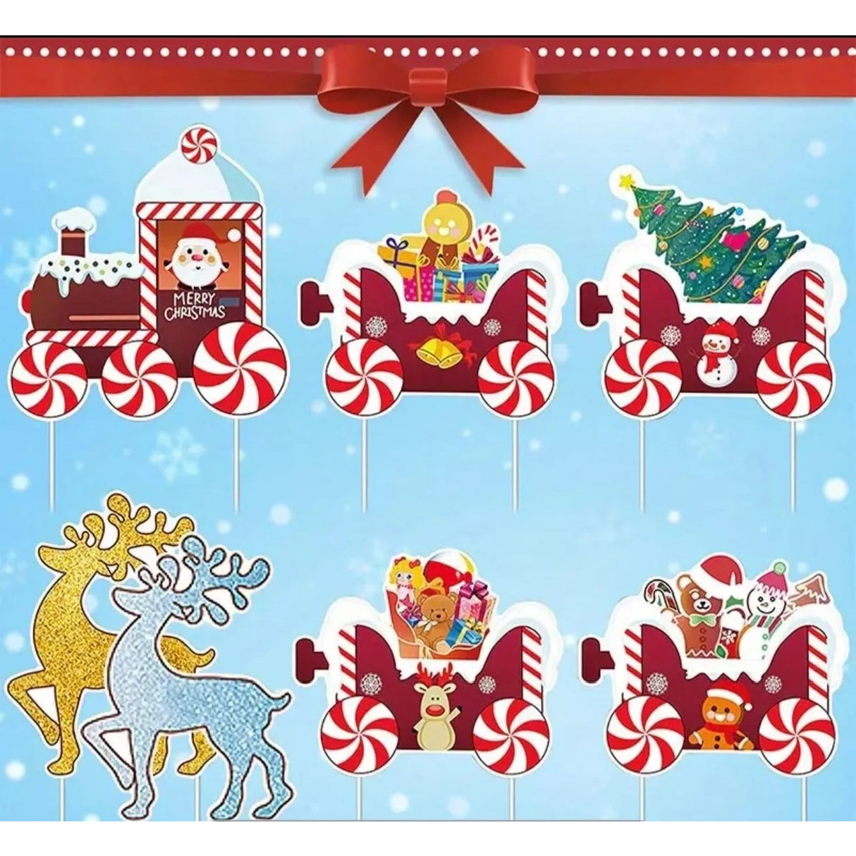 Decoratiune de Craciun, Vivimall, pentru Gradina, Tip Trenulet, 7 Figurine + Bete de Infipt in Pamant, din Plastic, Impermeabil, Model Renii Joy si Noel, Multicolor - vivimall.ro