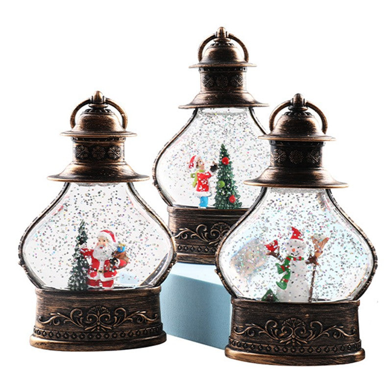 Decoratiune de Craciun tip Felinar, Vivimall, Glob de Cristal cu Fulgi de Zapada, Model Mos Craciun, Ornamentat cu Luminite Interioare, 14.5 x 9 x 3 cm, Rama Neagra, Transparent - vivimall.ro