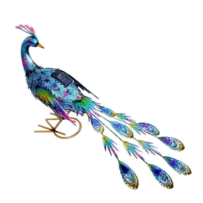 Decoratiune de Gradina cu Lampa solara, Flippy, Model Paun Pitic, Iluminare Led si Incarcare Solara, 66 x 33.5 x 26.5 cm, din Fier, Albastru Multicolor - vivimall.ro