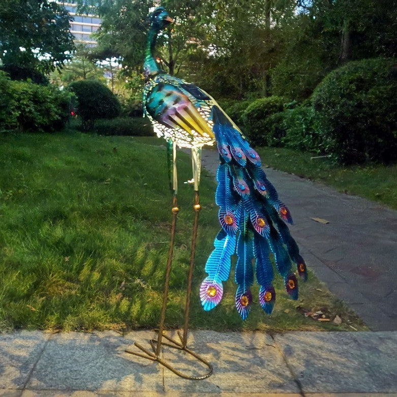 Decoratiune de Gradina cu Lampa solara, Flippy, Model Paun, Iluminare Led si Incarcare Solara, 91.5 x 45 x 26 cm, din Fier, Albastru azur - vivimall.ro