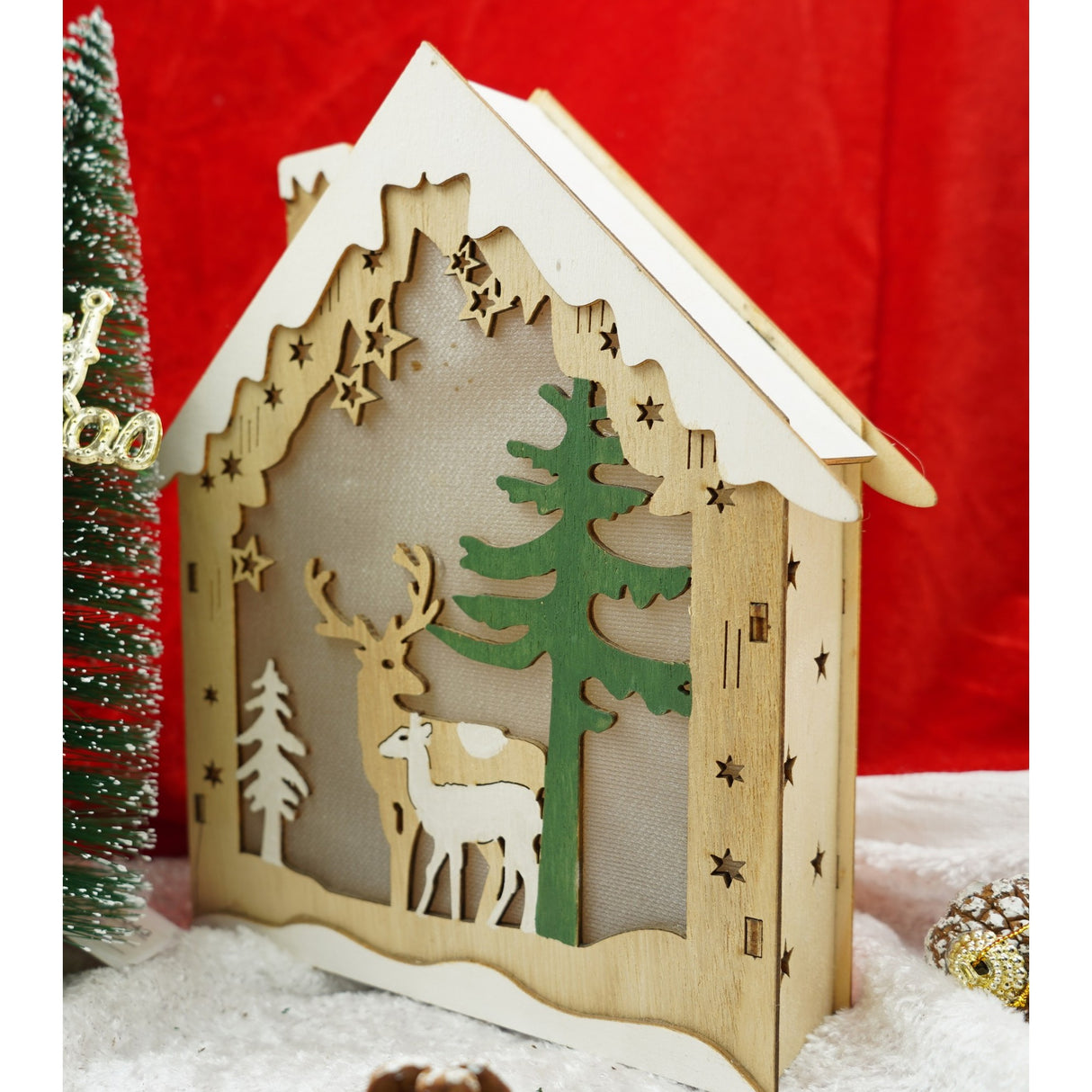 Decoratiune luminoasa, model de Casa cu Reni, maro, lungime: 18 cm, latime: 5 cm, inaltime: 21 cm, lemn, interior/exterior - vivimall.ro