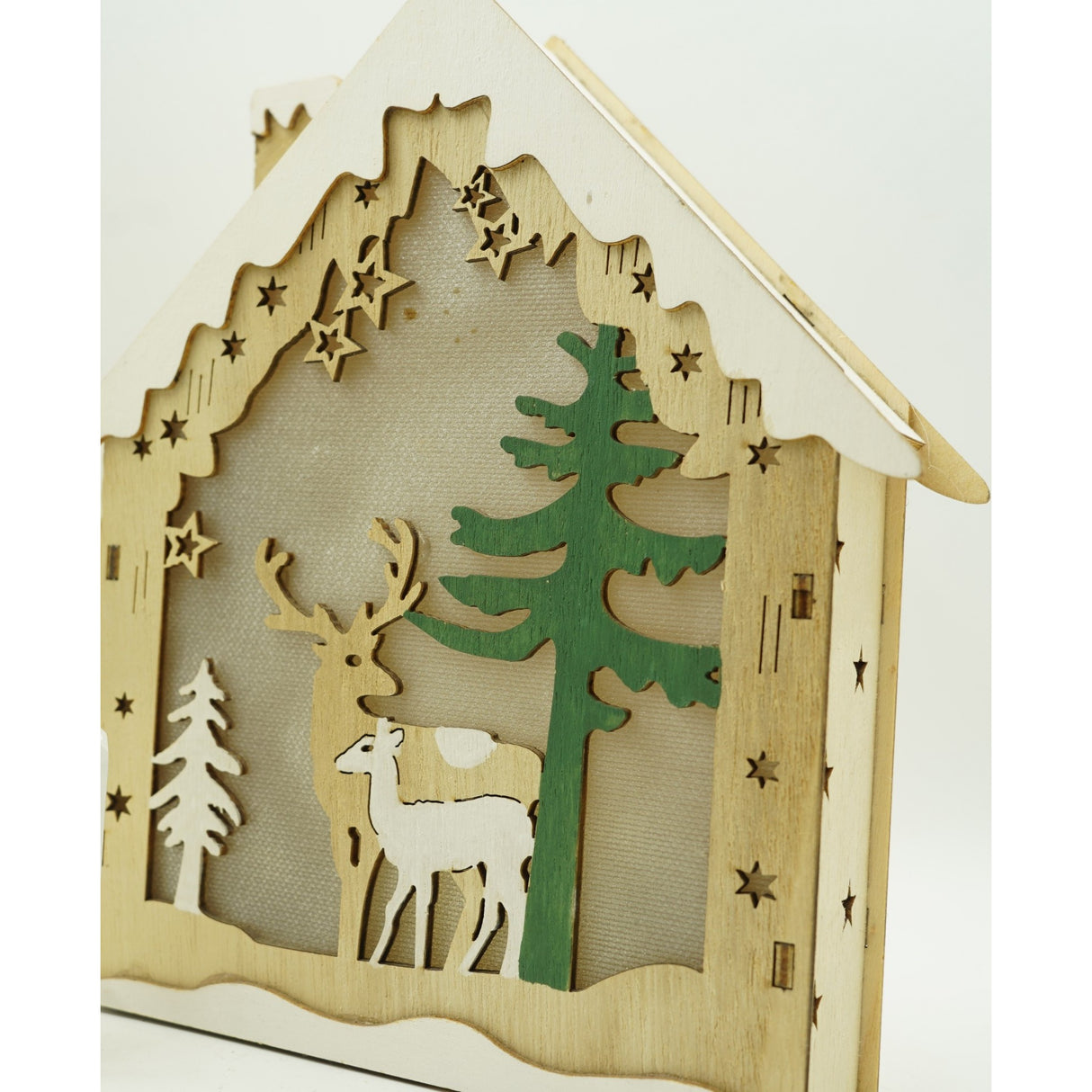 Decoratiune luminoasa, model de Casa cu Reni, maro, lungime: 18 cm, latime: 5 cm, inaltime: 21 cm, lemn, interior/exterior - vivimall.ro