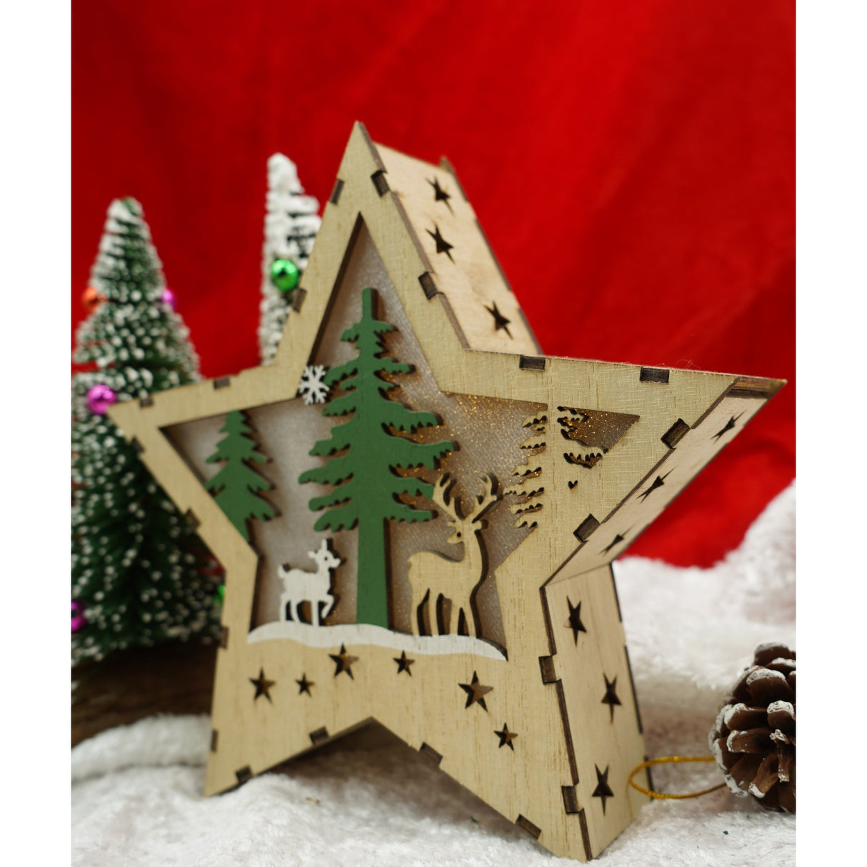 Decoratiune luminoasa, model de Stea cu Reni, maro, lungime: 18 cm, latime: 18 cm, inaltime: 4 cm, lemn, interior/exterior - vivimall.ro