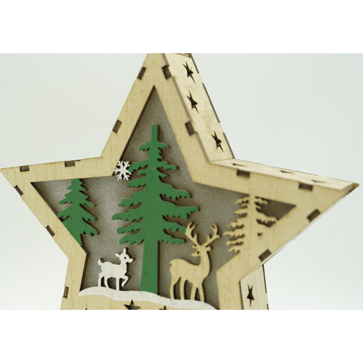 Decoratiune luminoasa, model de Stea cu Reni, maro, lungime: 18 cm, latime: 18 cm, inaltime: 4 cm, lemn, interior/exterior - vivimall.ro