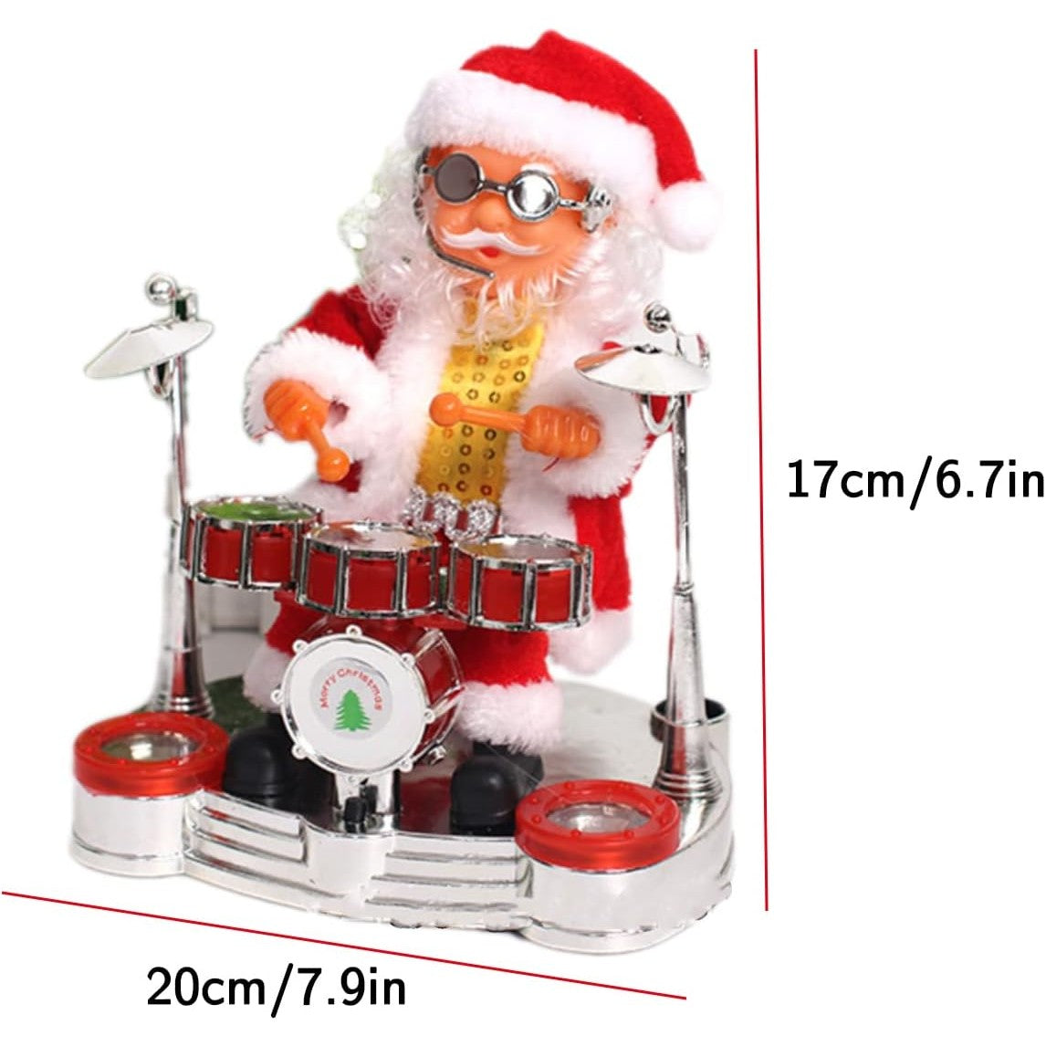 Decoratiune Mos Craciun, Vivimall, Animat, care Canta si Danseaza, cu Tobe, Imbracat Festiv, 20x17 cm Inaltime, Rosu - vivimall.ro