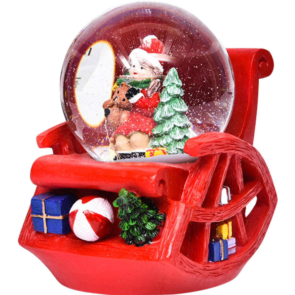 Decoratiune muzicala glob cu zapada, cu lumini si muzica, Mos Craciun, forma scaun, 13 cm, multicolor - vivimall.ro