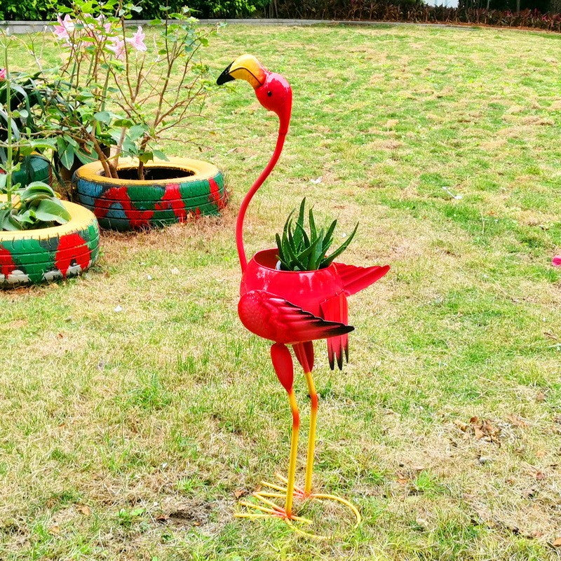 Decoratiune pentru Gradina, Flippy, Flamingo pentru Gradina cu Suport pentru Plante Flori, Ornament de Ghiveci de Flori, Model Flamingo, din Fier, 73 x 34 x 22 cm, Roz - vivimall.ro