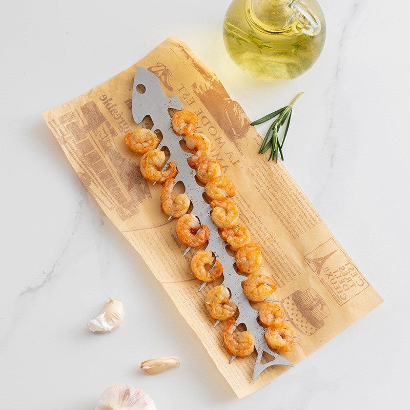 Forma pentru Frigarui, Vivimall, Model Oase de Peste, din Otel Inoxidabil, Instrument pentru Gratar, BBQ, cu Deschizator de Sticle, 30x6 cm, Argintie - vivimall.ro