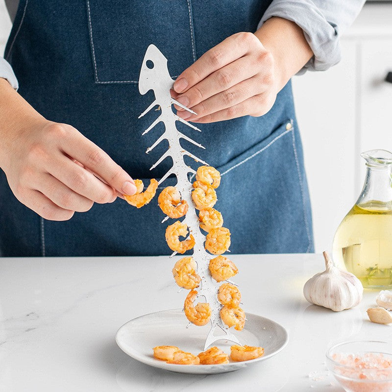 Forma pentru Frigarui, Vivimall, Model Oase de Peste, din Otel Inoxidabil, Instrument pentru Gratar, BBQ, cu Deschizator de Sticle, 30x6 cm, Argintie - vivimall.ro