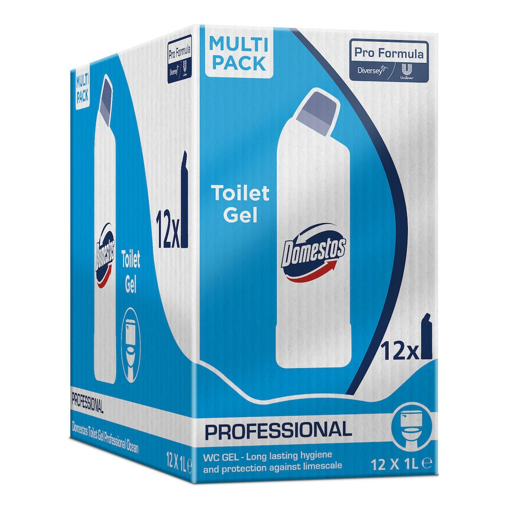 Sticlă Domestos Professional 1L gel toaletă Ocean, detaliu etichetă și capac ergonomic