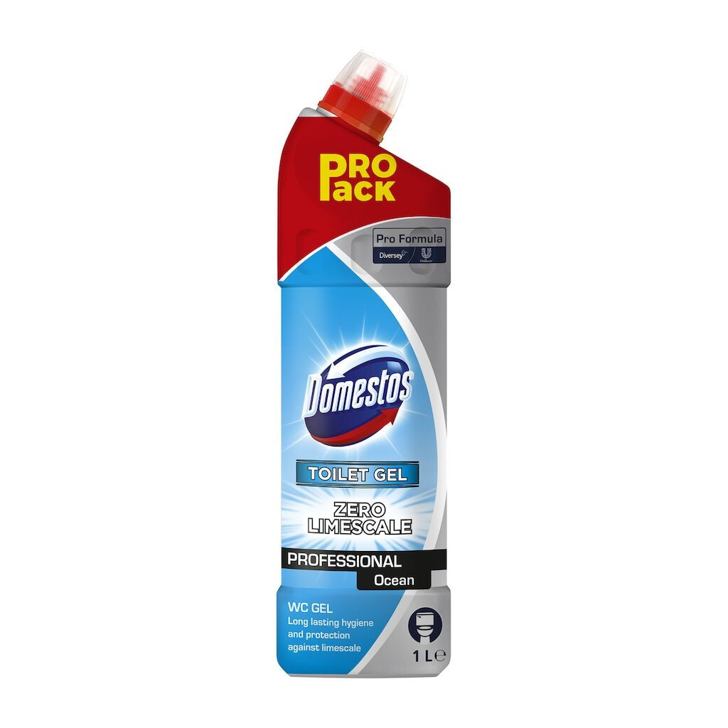 Pachet economic 12 sticle Domestos Professional Toilet Gel Ocean aranjate în rând