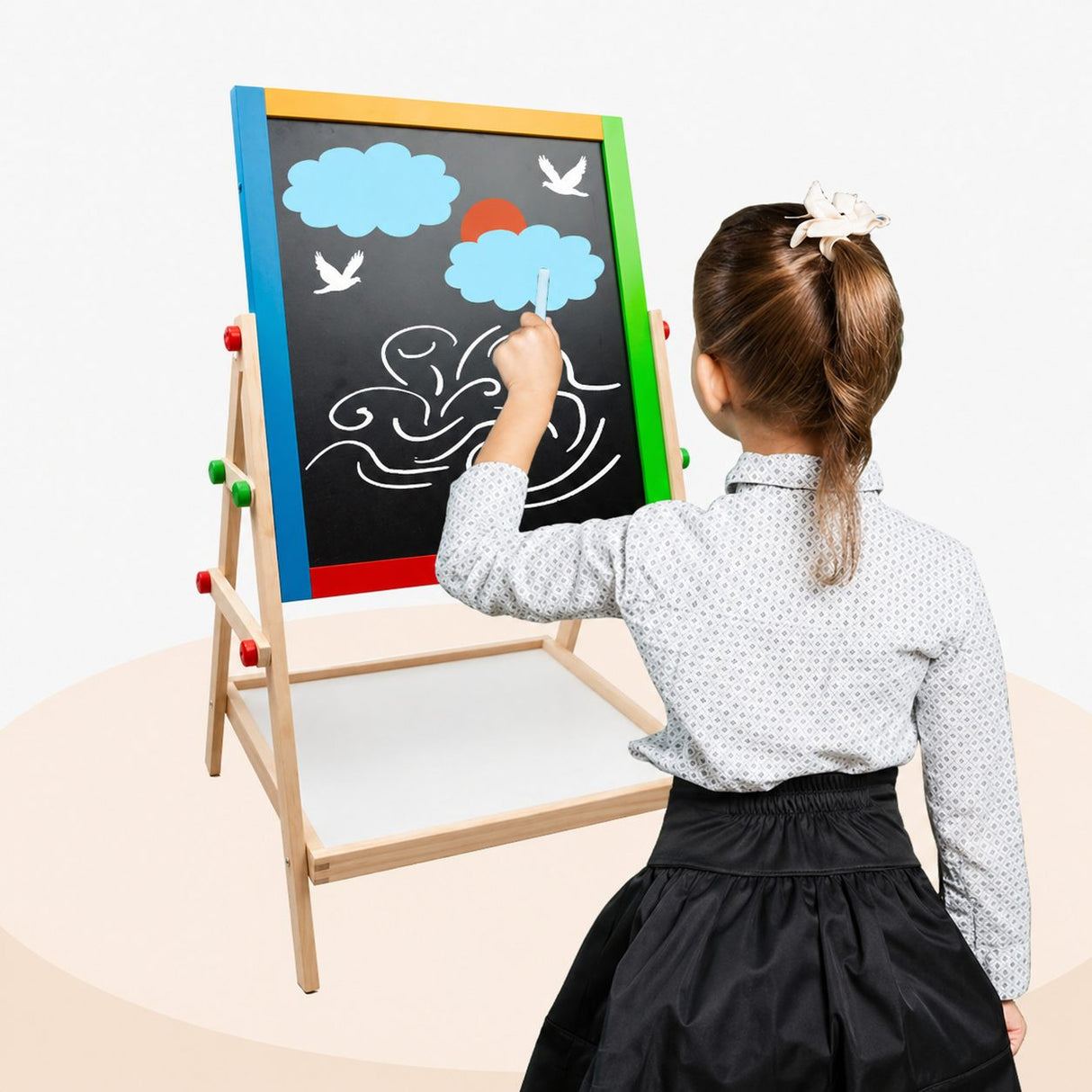 Tabla Educativa de Desen Magnetica cu Doua Fete, Flippy, Reglabila pe Inaltime, Cadru din Lemn, Abac, Litere si Accesorii Incluse, Varsta Recomandata 3 Ani Plus, 52x36 cm - vivimall.ro