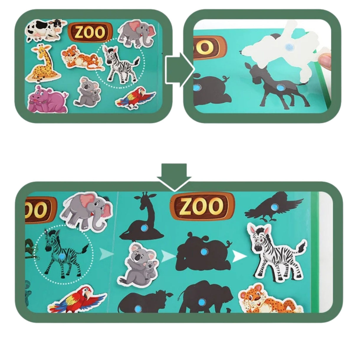 Quiet Book Flippy Lumea Animalelor deschis, vedere de ansamblu pagini interactive, copil 3 ani