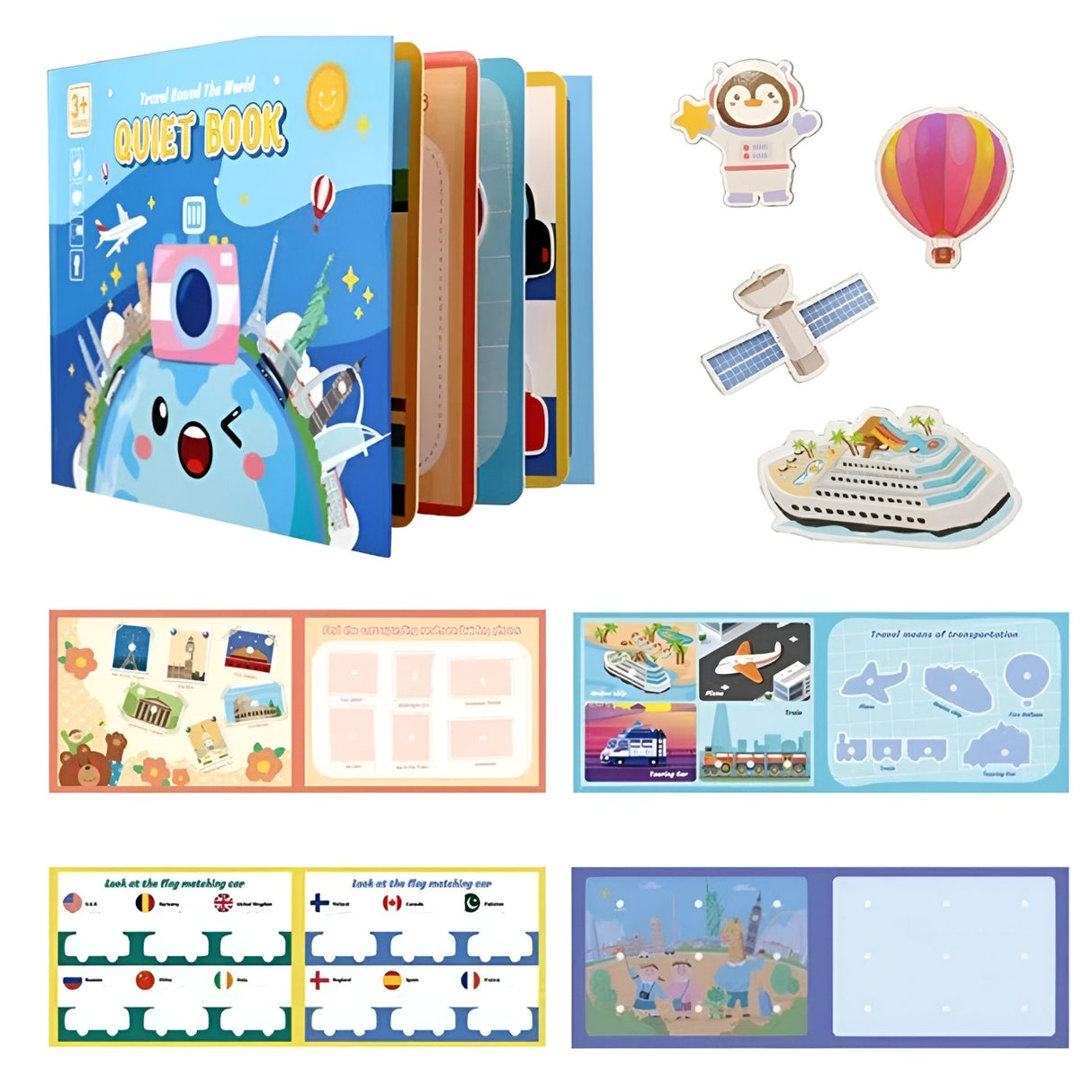 Carte Educativa cu Stickere Reutilizabile, Flippy, Quiet Book Senzoriala cu Pagini Interactive , Joc Montessori, Seria ''In Jurul Lumii', Puzzle, Dezvolta Motricitatea Fina si Logica, Quiet Book pentru Invatare Timpurie, 3 ani, Multicolor - vivimall.ro