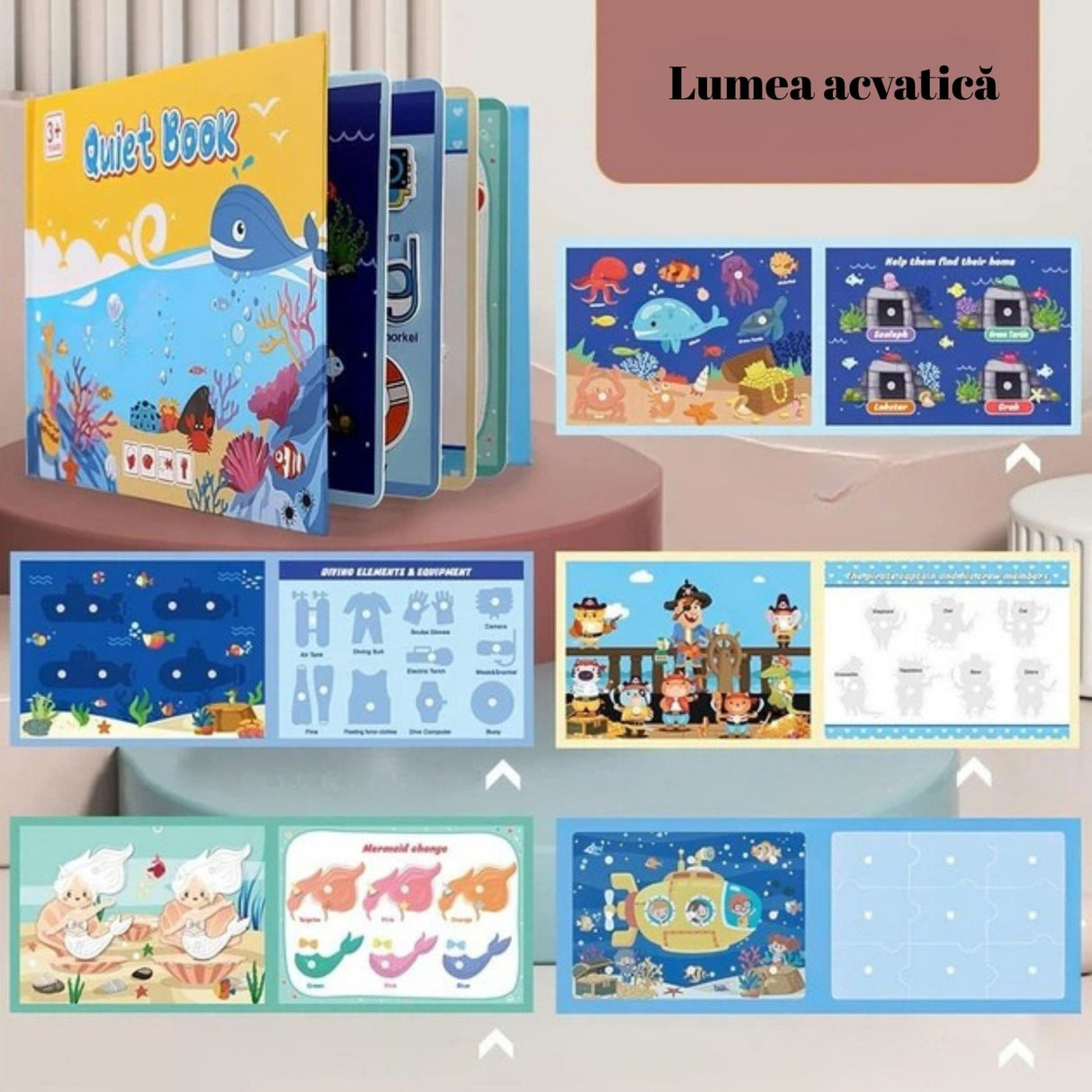 Pagini interactive Quiet Book Flippy cu stickere velcro reutilizabile, animale marine colorate
