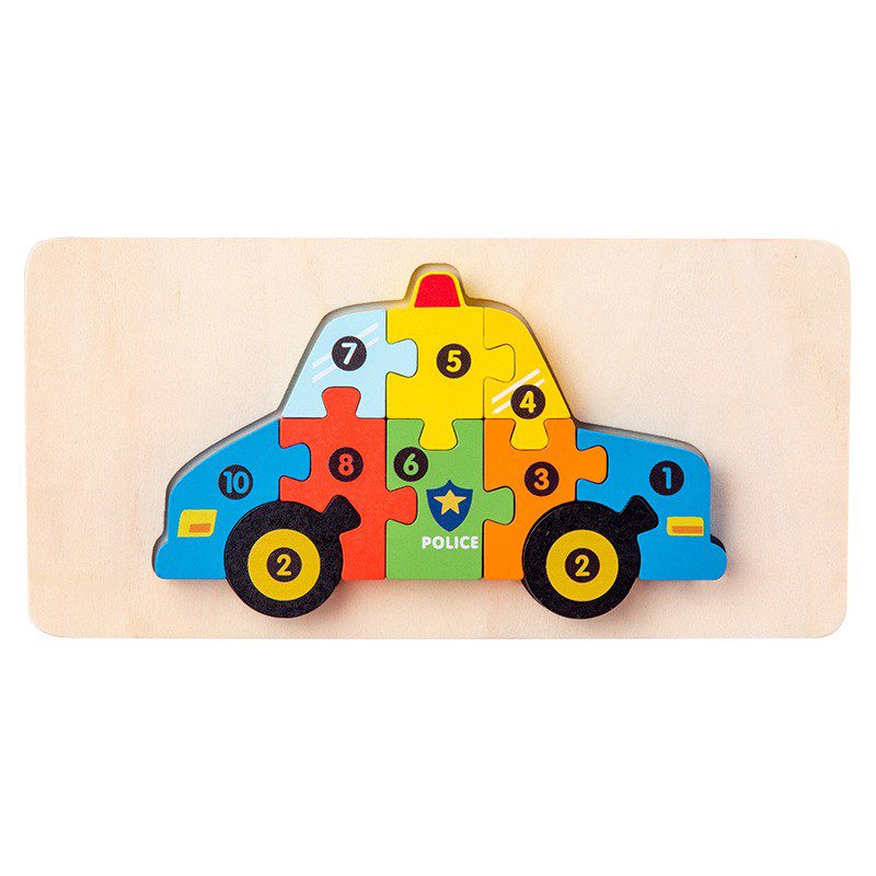 Puzzle din lemn 3D Flippy model mașină de poliție, 11 piese multicolor, vedere frontală completă