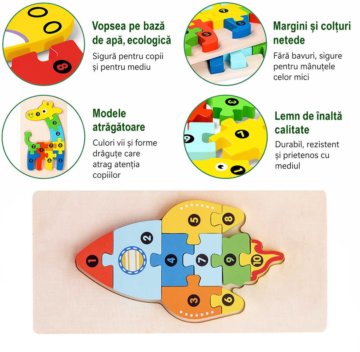 Detaliu piese puzzle lemn 3D Flippy rachetă, vopsea ecologică multicolor, textura lemnului natural