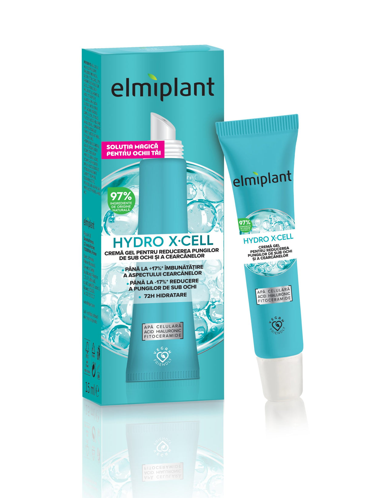 Cremă gel Elmiplant Hydro X-Cell 15 ml pentru reducerea pungilor și cearcanelor de sub ochi, vedere frontală ambalaj