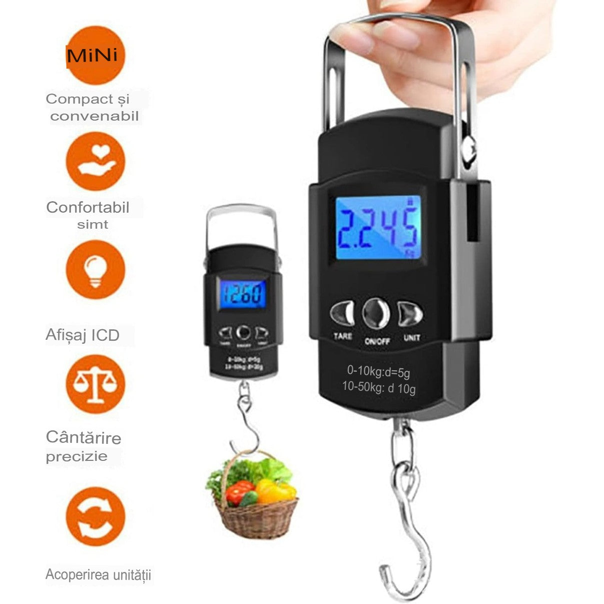 Cantar Digital de Mana cu Carlig, Vivimall, Cantar Portabil, Pescuit, cu Maner, Capacitate 50 kg, cu Metru Incorporat, 20.5 x 6 x 2.5 cm, Negru - vivimall.ro