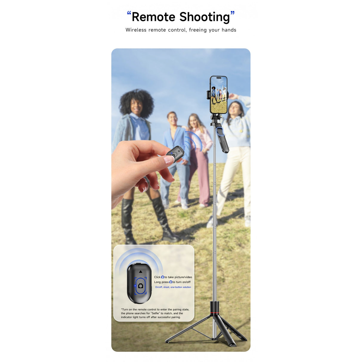 Trepied Selfie Stick, Flippy, Extensibil, Telecomanda Bluetooth Reincarcabila, Pentru Calatorii, Vlog Video si Fotografie, 30,6 x 7,6 x 3,5 cm, Negru - vivimall.ro