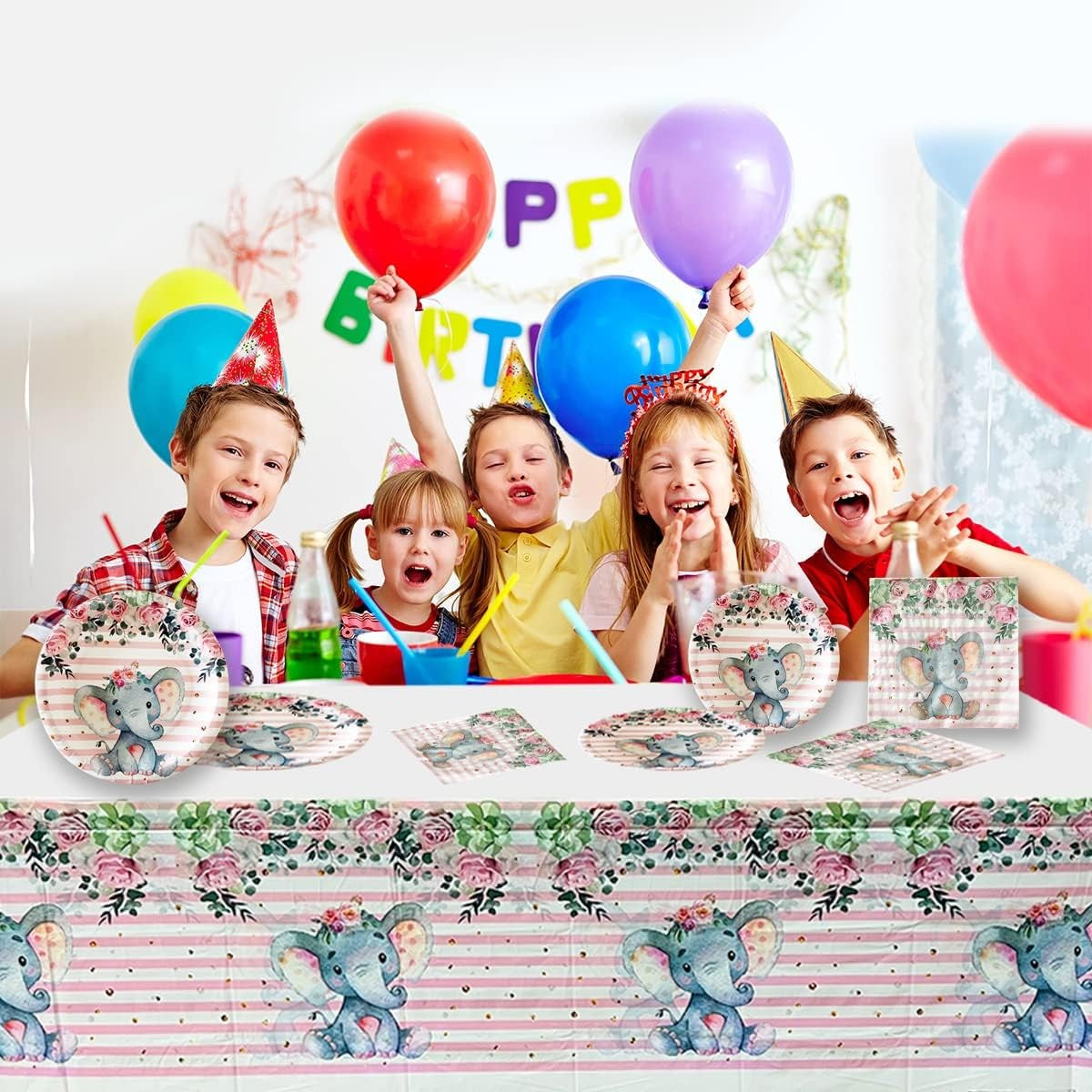 Fata de Masa, Vivimall, din Plastic, Imprimeu Elefanti, 180 x 108 cm, Roz - vivimall.ro