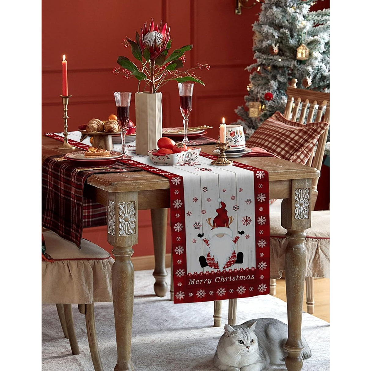 Fata de Masa Craciun, Vivimall, Model 1 Elfi si Reni, din Textil, 33x180cm, Alb/Rosu - vivimall.ro