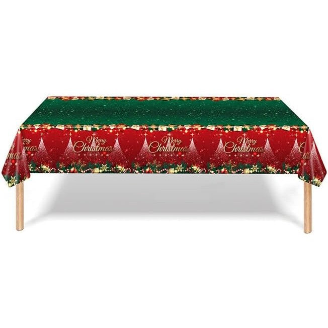 Fata de Masa Festiva, Vivimall, Dreptunghiulara, Imprimeu Merry Christmas, Tema Craciun, Rezistenta la Apa, din PVC, 137 x 274 cm, Rosu/Verde - vivimall.ro