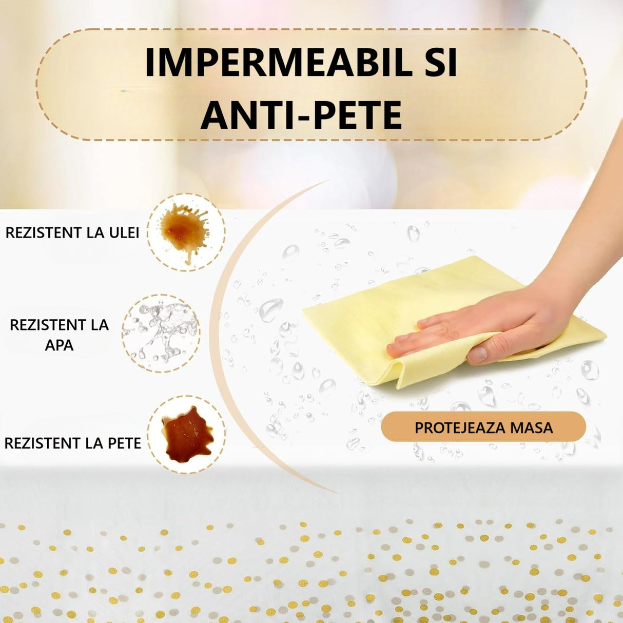 Fata de Masa, Vivimall, din PEVA, Imprimeu Buline, 137 x 274 cm, Impermeabila, Fara Pete, Curatare Rapida, Crem - vivimall.ro